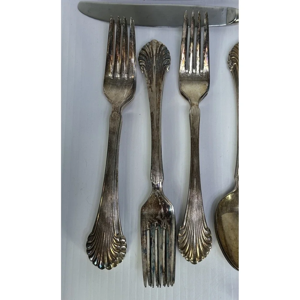 61 Pieces The Main Course Korea Silverplate Ribbed Plume Tip Flatware Set MNF48